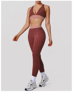 Polka dot two piece yoga set with push up sports bra and high stretch active leggings.