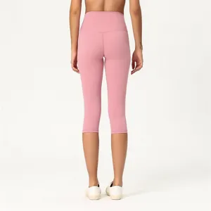 Damen High Waist Capri Yogahose, doppelseitig gebürstet elastische Sport Leggings in Rosa