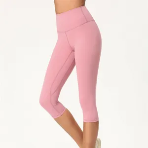 Damen hochgeschnittene Capri Yogahosen, rosa gebürstete atmungsaktive Stretch Leggings