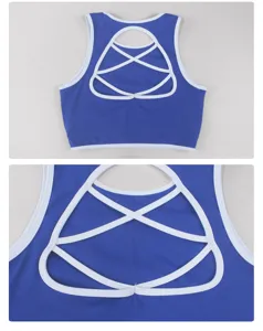 Reggiseno sportivo bicolore blu e bianco con spalline incrociate eleganti per yoga e fitness.