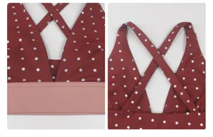 Vue rapprochée des bretelles croisées et des détails en tissu à pois sur le soutien-gorge.