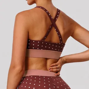 Soutien-Gorge de Sport pour Femmes Pois Dos Croisé Haute Élasticité Nylon Fitness Entraînement Haut de Gym