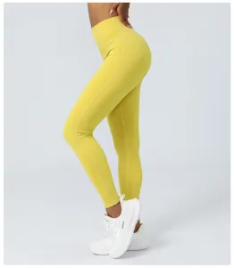 Naadloze yoga legging met hoge taille voor dames, boterzachte sport fitness broek, gele tights.