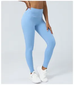 Hellblaue Damen Yoga Leggings mit hohem Bund, atmungsaktive elastische Push-up Fitness Hose.