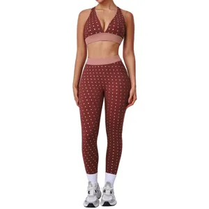 Women's Yoga Set Polka Dot Printed Sports Bra And High Elastic Leggings Athletic Two Piece Activewear