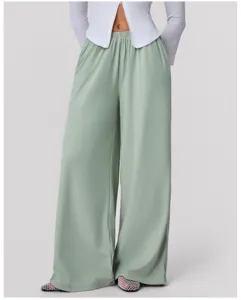 Green high waist drape wide leg pants detail view, casual yoga training lounge trousers.