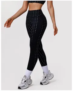 Zilveren polkadot fitness yoga legging en sport-bh set, hoge taille actieve kleding.