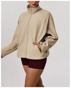 Women casual stand collar full-zip fleece jacket, warm loose autumn winter outerwear.