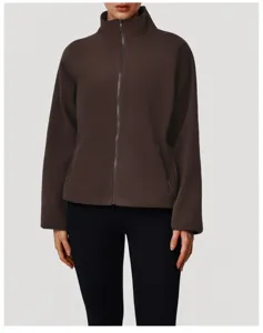 Women brown fleece jacket winter warm stand collar full zip casual outerwear top.
