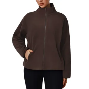 Women's Casual Loose Fleece Jacket Winter Warm Thickened Stand Collar Full Zip Cardigan Long Sleeve Pocket Outerwear
