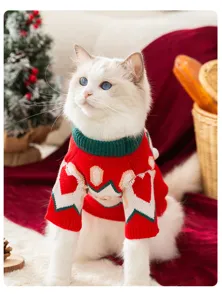 Vue détaillée d'un joli pull de Noël pour chat, vêtement pour animal en tricot rouge festif.