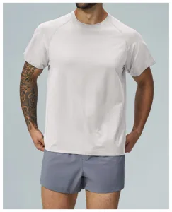 Men's light grey athletic short sleeve t-shirt, breathable quick dry fabric detail.