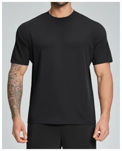 Close-up detail of mens breathable quick-dry athletic t-shirt fabric for running fitness.