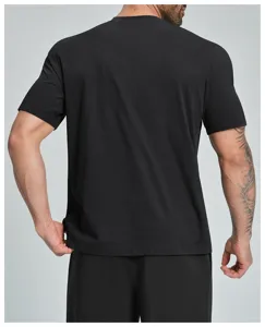 Men's athletic quick-dry short sleeve tee detail, breathable fine-pore black running shirt back view.