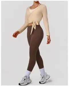 Women yoga outfit set long sleeve wrap top camisole and high waist fitness leggings activewear