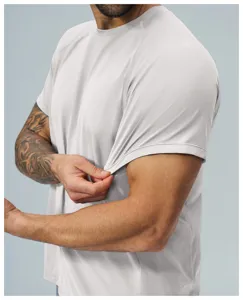 Close up view of breathable quick-dry men sport t-shirt sleeve fabric elasticity showcase.