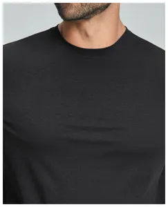 Close-up detail of black men's crew neck quick-dry sports t-shirt fabric and collar cut.