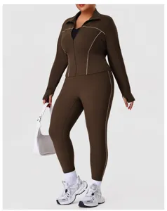 Plus size sportset, donkerbruine jas met rits en hoge taille yoga leggings voor dames comfortabel.