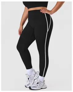 Plus Size High Waist Yoga Legging mit weißen Seitenstreifen, elastische Fitnesshose