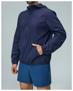 Mens outdoor sun protection hooded zipped windbreaker jacket for hiking fitness fishing.