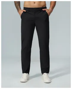 Men's black casual straight trousers fabric and fit detail view, soft and comfortable.