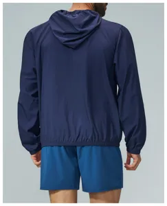 Men's outdoor sun protection hooded zip jacket detail view, lightweight sports activewear.
