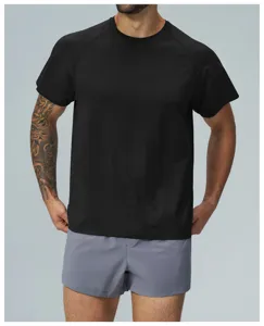 Men's black quick-dry short-sleeve athletic t-shirt detail showing fit and fabric texture.