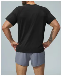 Men's athletic quick dry short sleeve t shirt black fitness running training apparel detail view.