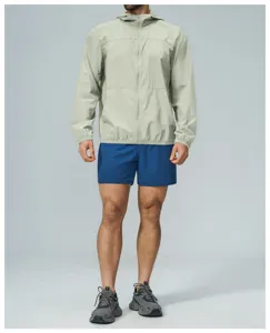 Lightweight outdoor hooded zip jacket detail view, breathable fabric for hiking and sports.