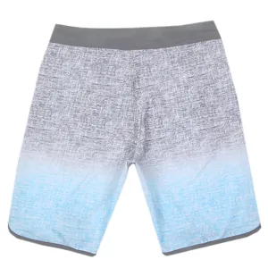 Detail view of men quick dry board shorts showing gradient fabric texture and grey waistband.