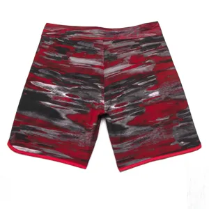 Detailed view of men abstract print board shorts, quick dry stretch fabric for surf.
