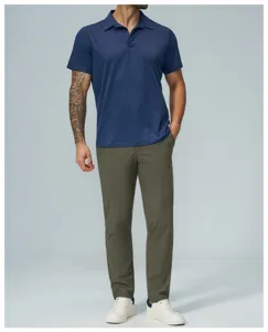 Detail view showcasing men quick-dry golf casual trousers soft fabric texture and fit.