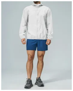Detailed view of the lightweight men's outdoor sun protection hooded jacket and shorts.