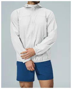 Detail shot of men outdoor sun protection hooded zip jacket sportswear hiking fishing outfit.