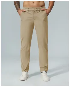 Close-up detail of men's quick-dry casual golf pants in khaki, showing straight fit.