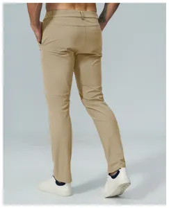 Back view detail of men's casual khaki trousers showing fitted straight cut and smooth fabric.