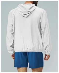 Men outdoor sun protection hooded zipper jacket back view, lightweight sportswear top for hiking.