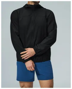 Detailed view of the black men's outdoor sports hooded zippered jacket showing fabric texture.