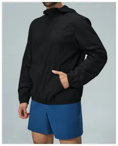Men's outdoor sports hooded zip sun protection jacket for hiking fitness and fishing.