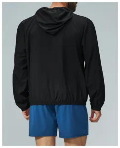 Detailed back view showcasing the fit of the black outdoor sports hooded zip jacket.
