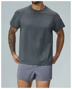 Detail view of men's quick-dry athletic short sleeve t-shirt in dark gray, breathable fabric.