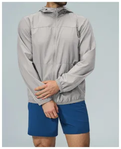 Men's outdoor sun protection hooded zip jacket lightweight athletic hiking top detail