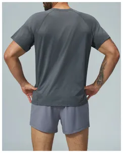 Back view detail of mens breathable quick dry athletic t-shirt and shorts set in dark gray.