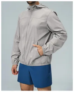 Men's outdoor sun protection hooded zip jacket for hiking, fitness, and casual athletic wear.