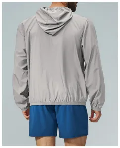 Mens outdoor sun protection hooded sports windbreaker jacket lightweight activewear detail view