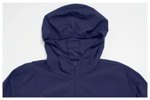 Men outdoor sun protection jacket detail, navy blue hooded design, lightweight fabric.