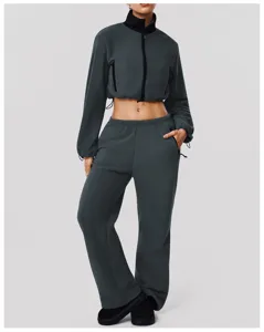 Detailed view of dark gray thick double-sided fleece casual crop jacket and wide leg pants.