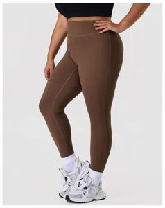 High waist tummy control yoga leggings for women, brown fitness pants for running and gym workouts.