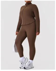 Plus size nude feel yoga zip jacket and high waist active fitness leggings sports set for women