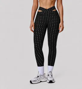 Dames Hoge Taille Kruis Opengewerkt Polka Dot Yogahose Billiftend Fitness Leggings Sport